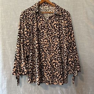 Anne Klein Blouse Pullover V-Neck Long Sleeve Leopard Print Women’s Sz L NWOT